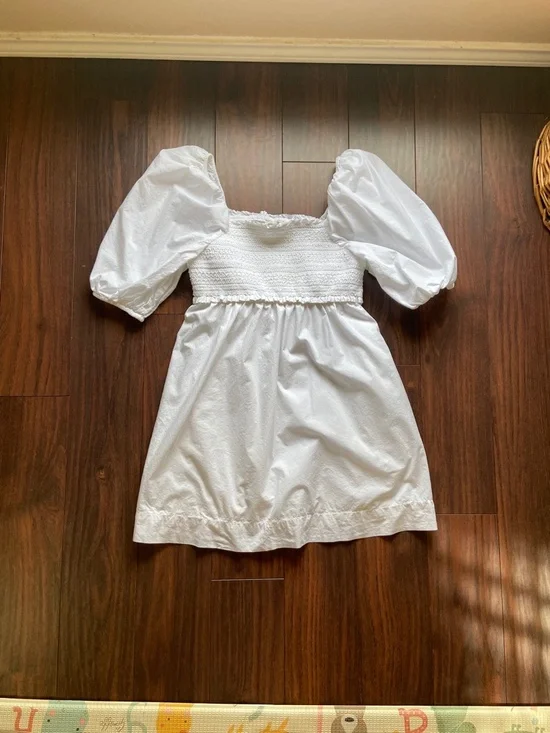 AMERICA EAGLE Puff Sleeve Smocked Chest Mini Dress White w/Pockets - Picture 2 of 3